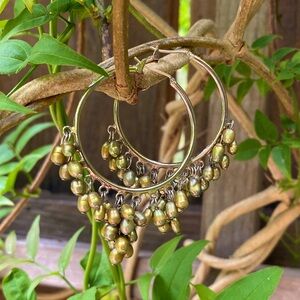Gold Tone Hoops & Iridescent green pearl bead earrings
